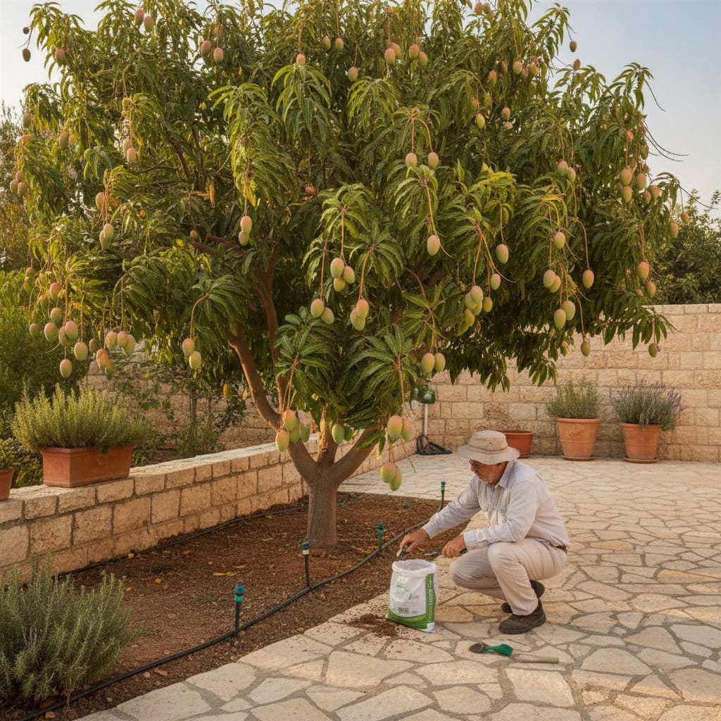 עץ מנגו ירוק ובריא עמוס בפירות כתומים בגינה ישראלית